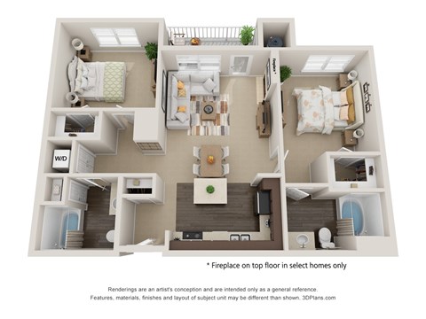 A 3D floor plan of a home layout with a kitchen, living room, and bedrooms.
